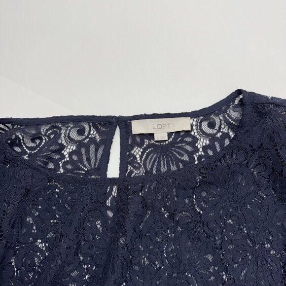 Ann Taylor LOFT Lace Tunic Top XL Dark Blue Bell Sleeve Sheer - Picture 5 of 10